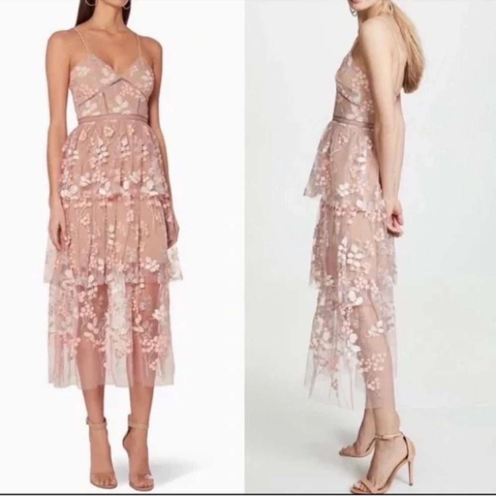 Self Portrait Floral Mesh Tiered Midi Strapless Dress